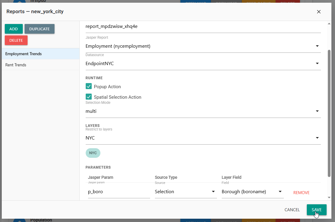 Reports configuration for Employment Trends with popup action, layer restriction, and parameter mapping