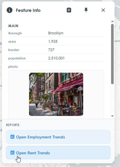 Feature Info popup for Brooklyn with Open Employment Trends and Open Rent Trends actions