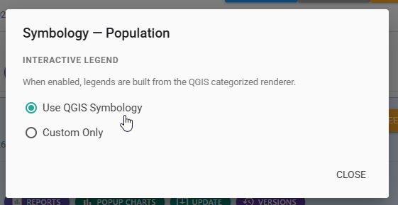 Symbology dialog with Use QGIS Symbology selected