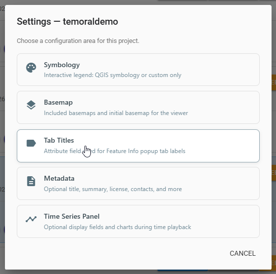 Settings menu with Tab Titles highlighted