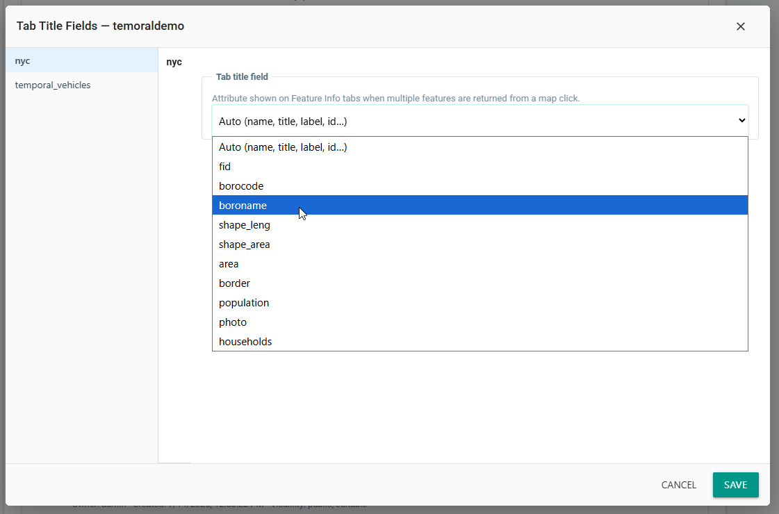 Tab Title Fields dialog with boroname selected for the nyc layer