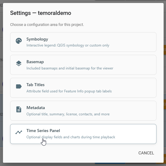 Settings menu with Time Series Panel highlighted