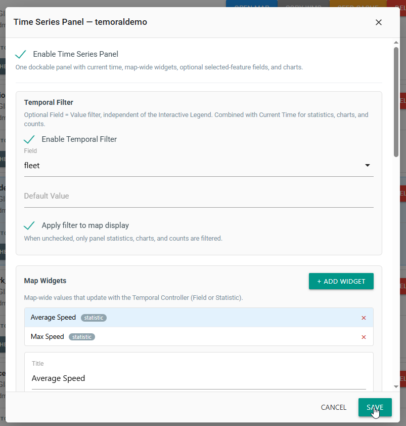 Time Series Panel dialog with temporal filter and map widgets configured