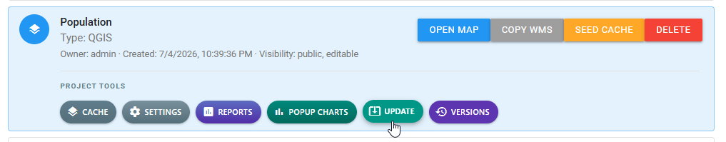 Published map card with the UPDATE project tool highlighted