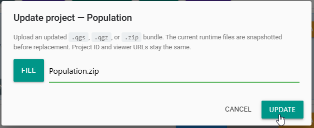 Update project dialog with Population.zip selected and UPDATE ready