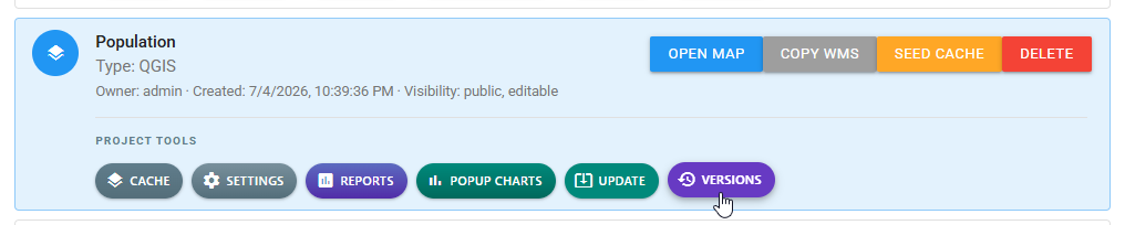 Published map card with the VERSIONS project tool highlighted