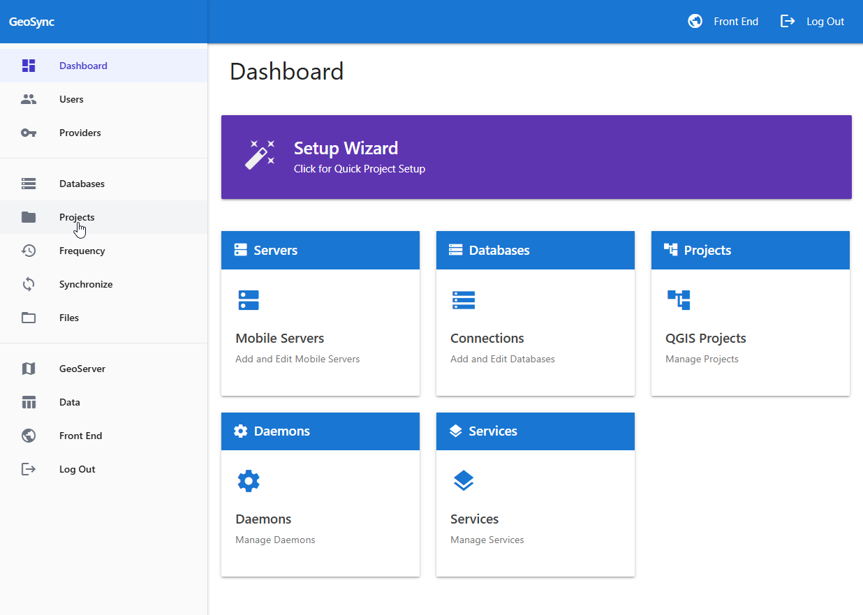 GeoSync dashboard with Setup Wizard, QGIS projects, databases and sync services