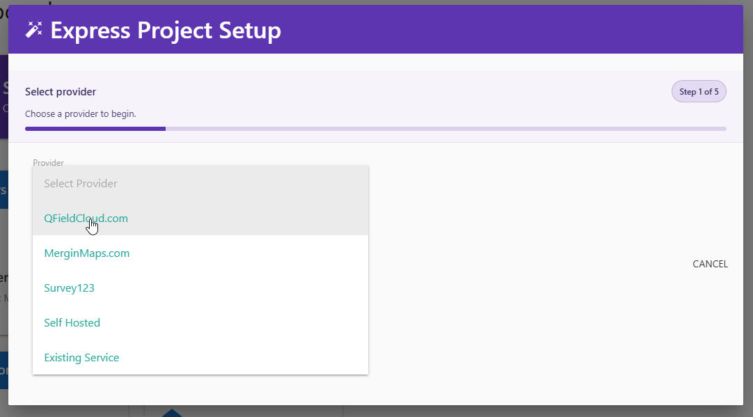 GeoSync setup wizard listing QFieldCloud, Mergin Maps, Survey123 and self-hosted providers