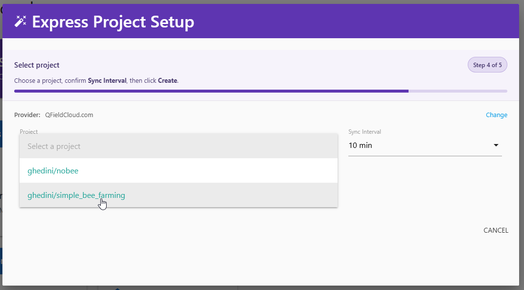 GeoSync Express Project Setup selecting a QGIS project and a 10 minute sync interval