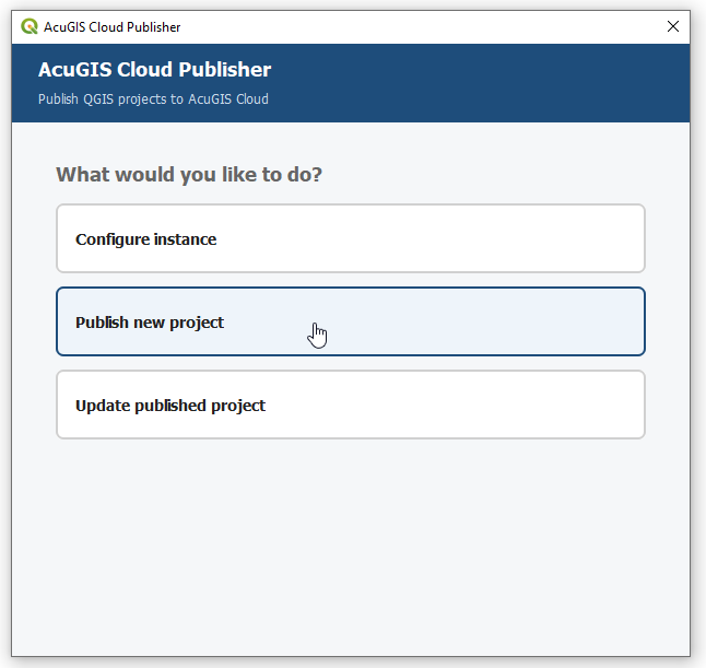 AcuGIS Cloud Publisher plugin with Publish new project and Update published project