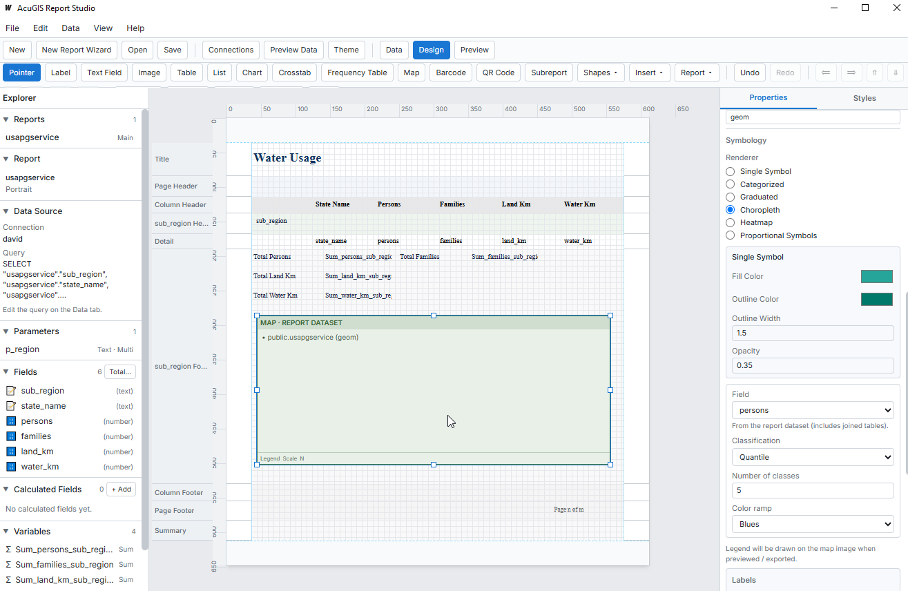 AcuGIS Report Designer showing a Sales Summary dashboard with map, charts, and data table