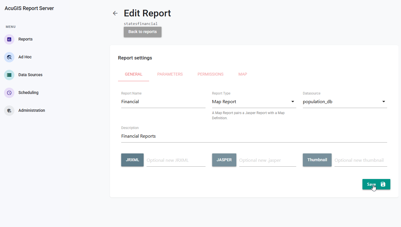 AcuGIS Report Server report settings with parameters, permissions, data sources, and scheduling