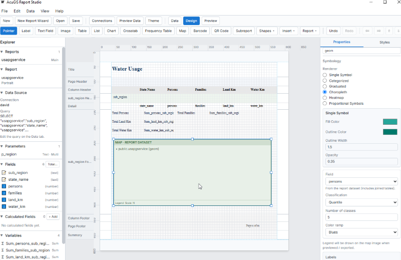 AcuGIS Report Designer showing the design toolbar, explorer, report canvas and map properties